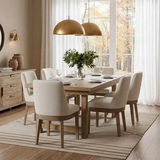 Modern Dining Chairs Set of 6, Comfortable Dining Room Chairs with Back, Linen Fabric Upholstered Kitchen Side Chairs with Wood Legs for Living Room, Beige