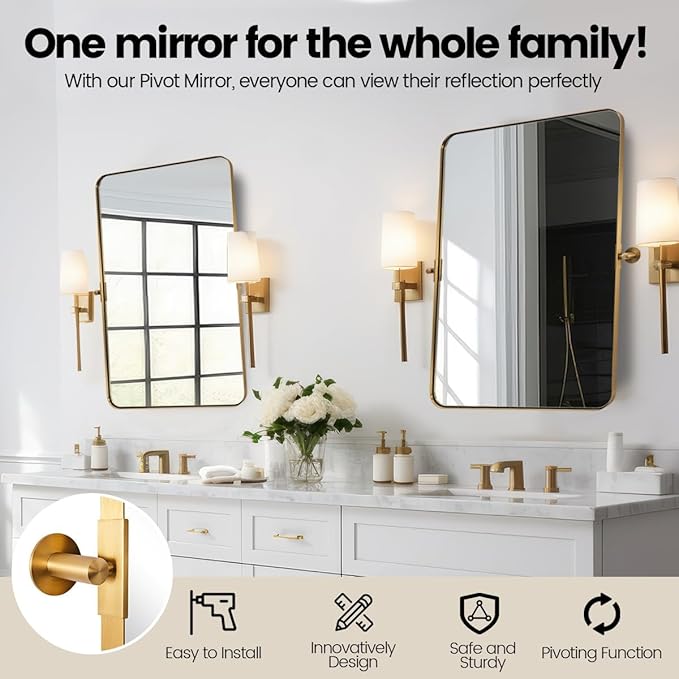 ANDY STAR 22"x34" Brushed Gold Pivot Mirror for Bathroom, Brass Metal Frame Bathroom Mirrors for Wall，Rectangle Titling Vanity Wall Mirror with Rounded Corner Design Hangs Vertically Only