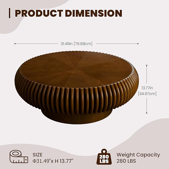 Round Drum Coffee Table for Living Room, Mid Century Modern Coffee Table with Sturdy Pedestal, Farmhouse Fluted Circle Center Table Accent Tea Table for Apartment (31.5" Walnut)