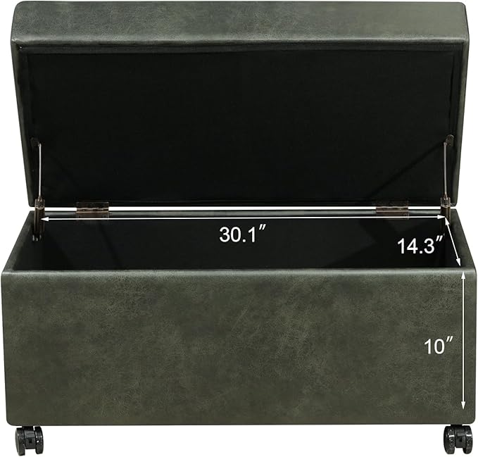 Joveco 32" Faux Suede Storage Ottoman Bench with Wheel, Rectangle Foot Rest Stool for Living Room, Bedroom, Entryway,Moss Green