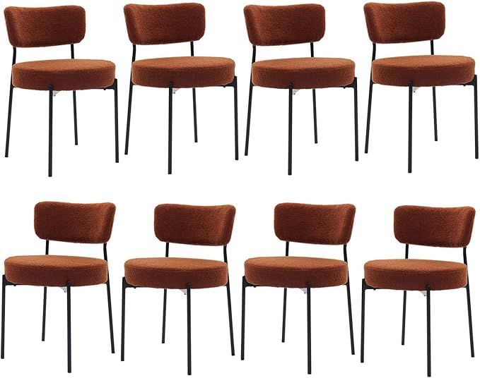 Brown Boucle Dining Chairs Set of 8, Upholstered Dinner Chair with Metal Frame, Dining Room Chairs with Padded Seat, Round Modern Seating for Living Room