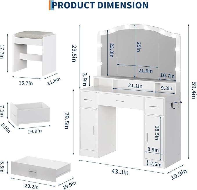 White Makeup Vanity Desk with LED Lights and Stool, Complete Dressing Table with 3 Drawers, 2 Cabinets & Long Shelf, Storage Organizer for Bedroom, Women and Girls