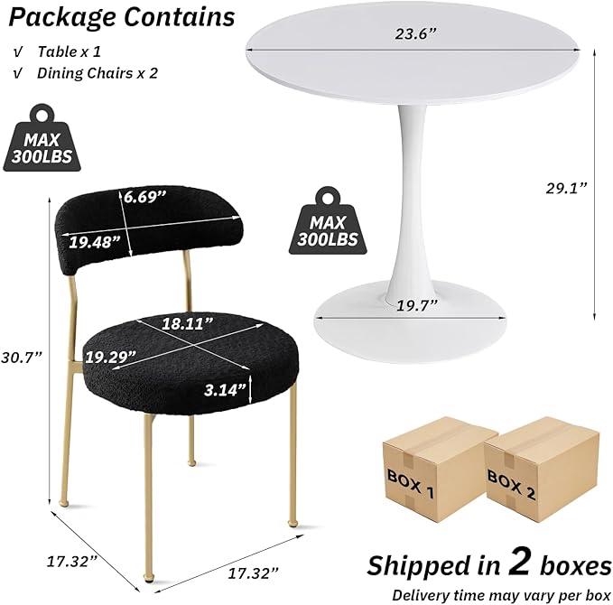 SoarFlash Kitchen Table and Chairs for 2, 24" Dining Table Set for 2 with Boucle Upholstered Chairs, 3 Piece Round Kitchen Table Set, Dining Room Table Set for Small Space, Apartment