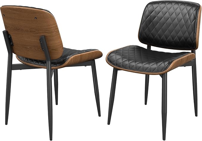 Dining Chairs Set of 2, Mid-Century Modern Upholstered PU Leather Chairs with Walnut Back and Metal Legs Adjustable Feet for Kitchen Dining Room, Black Diamond Plaid
