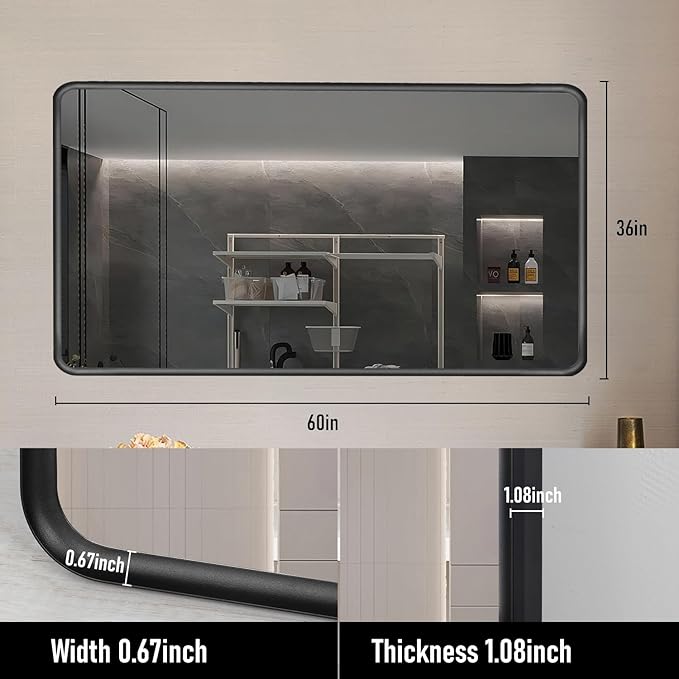 Gold Framed Mirrors for Bathroom,60 x 36 Inch Rounded Conner Rectangle Mirror for Wall, Matte Gold Vanity Mirror with Tempered Glass,Anti-Rust,Hangs Horizontally or Vertically