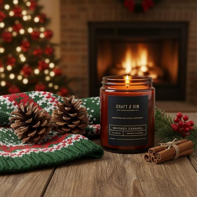 Craft & Kin Christmas Scented Candles for Men | Premium Whiskey Caramel Winter Candle | All-Natural Scent for Home | Long Lasting Holiday Candles with 45 Hour Burn Time, 8oz