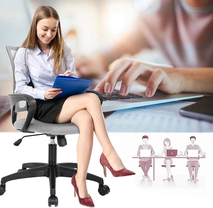 BestOffice | Ergonomic Office Chair | Mid-Back Swivel Desk Chair | Breathable Backrest & Lumbar Support | Adjustable Height | Sponge Seat | Rolling Wheels | Grey | for Adults & Women