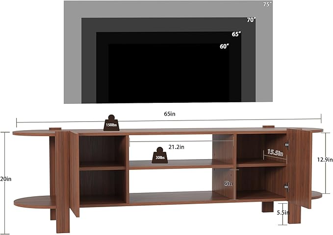 65 Inch TV Stand for Up to 75 inch TVs, Fluted Entertainment Center with Adjustable Shelve, Curved Round Corner TV Console Table with Storage Cabinet for Living Room, Bed Room (Walnut Color)