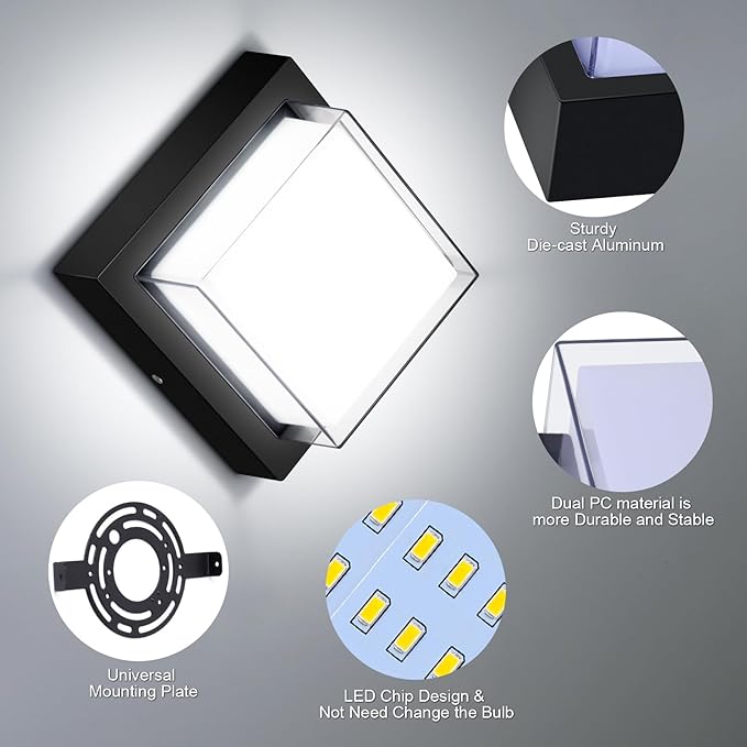 Exterior Wall Lights, Modern Waterproof Outdoor Ceiling Wall Mount Lighting, Black Square Small Led Porch Light with Anti-Rust 6000K Daylight 12W for Garage, Entryway,House