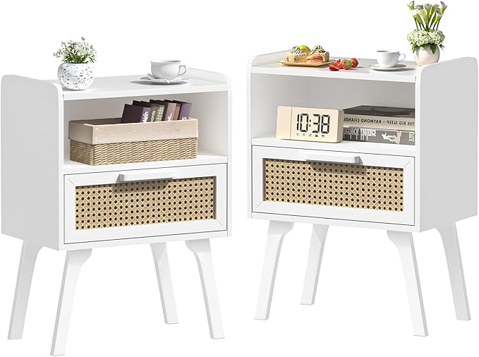 Lerliuo Rattan Nightstands Set of 2, Bedside Table with Drawer Open Shelf, Cane Accent Side End Table with Solid Wood Legs, White Mid Century Night Stand for Bedroom, Dorm and Small Spaces