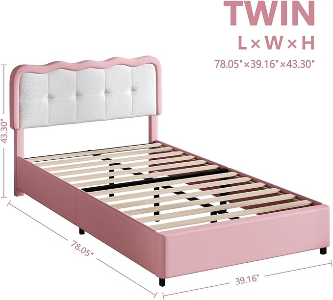 BarnFurin Twin Bed Frame with LED Lights, Twin Size Bed Frame with Cloud Headboard LED Lights, Cloud Bed with Headboard for Kids, No Box Spring Required, Easy Assembly, Pink