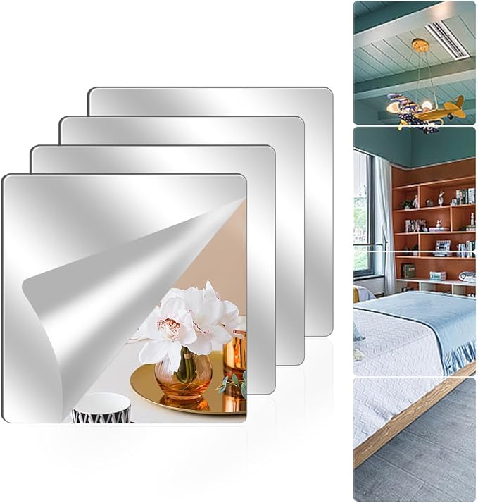 4 Pack Wall Mirror Full Length, 12 x 12 Inch Unbreakable Acrylic Mirror Tiles, Shatterproof Flexible Plastic Mirror Sheets for Bedroom Home Gym Door (4P 12"x 12")