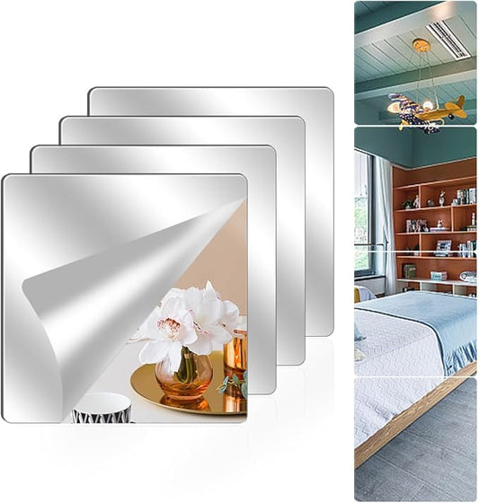 4 Pack Wall Mirror Full Length, 10 x 10 Inch Unbreakable Acrylic Mirror Tiles, Shatterproof Flexible Plastic Mirror Sheets for Bedroom Home Gym Door (4P 10"x 10")