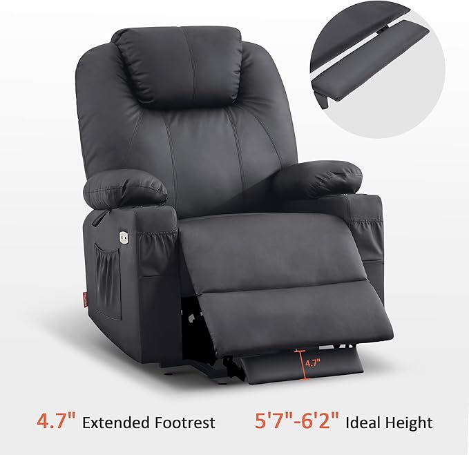 MCombo Large Power Lift Recliner Chair with Massage and Heat for Tall Elderly People, 3 Positions, Cup Holders, and USB Ports, Faux Leather 7516 (Large, Black)