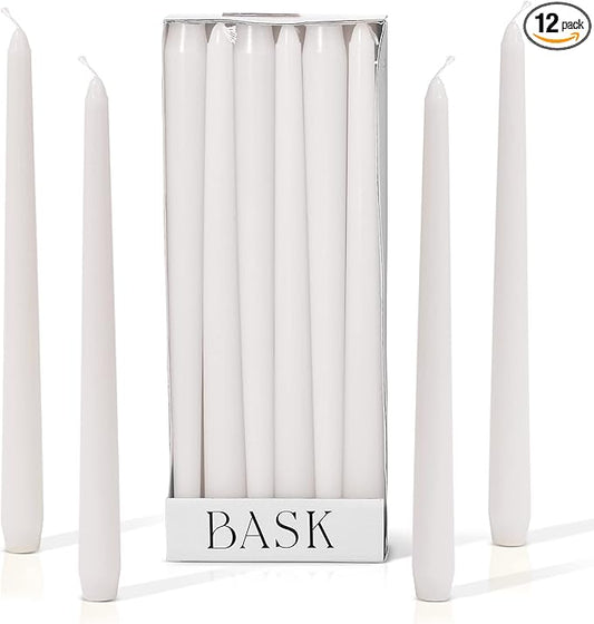 Bask 10-inch Taper Candles - Unscented and Dripless - Burns for 8 Hours - Home Decor for Dinner Table, Kitchen, and Bedroom - Perfect for a Romantic Date or Anniversary - 12-Pack - White