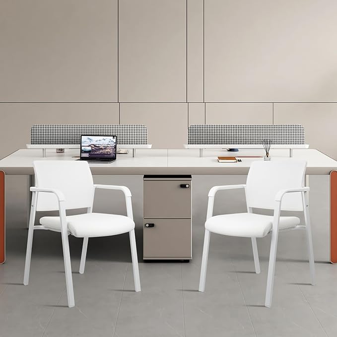 CLATINA Stacking Office Chairs | Mesh Back, Thicken Leather Seat and Arms, Ergonomic Lumbar Support | Guest Reception, Waiting, Conference, School, Party, Customer, Side, Stationary | Set of 4, White