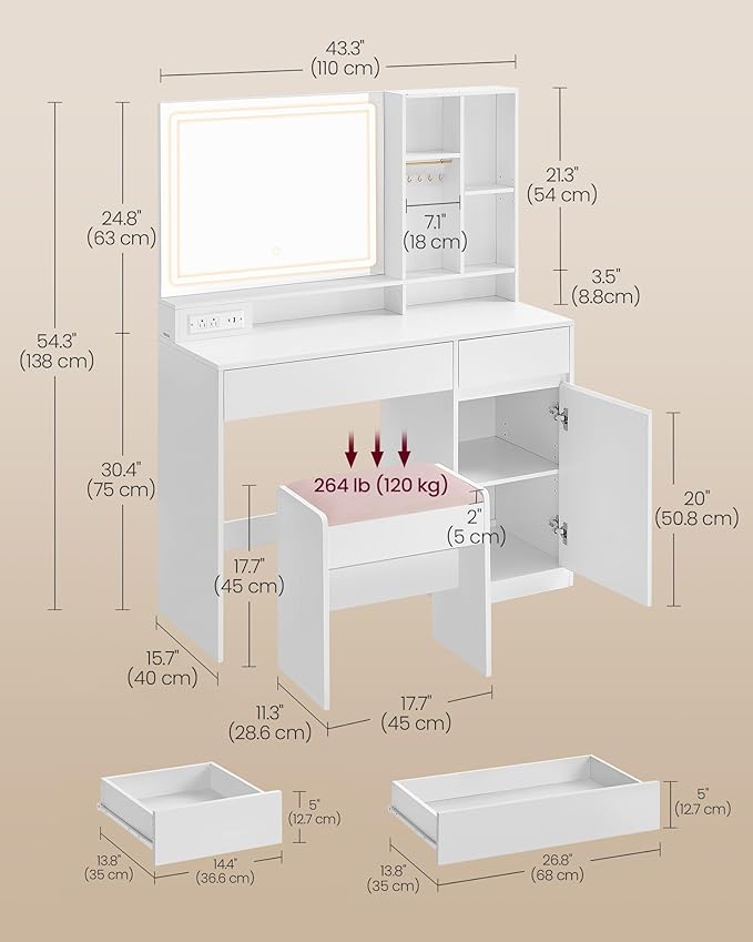 VASAGLE KAILYN Collection - 43.3-Inch Wide Vanity Desk with Mirror and Lights, Power Outlets, Vanity Table Set with Stool, Jewelry Storage, Adjustable Shelves, for Bedroom, Cloud White URDT632W02