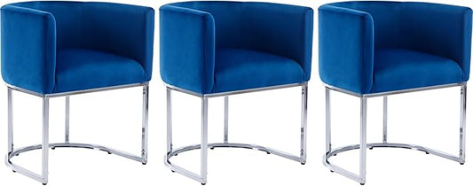 Velvet Dining Chairs Set of 3 Modern Barrel Arm Chairs with Chrome Metal Frame, Upholstered Kitchen Chairs 18.5" Wide Accent Chairs for Living Room Dining Room Restaurant, Blue