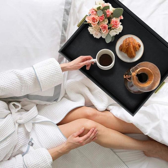 HofferRuffer Extra Large Serving Tray with Handles, Elegant Faux Leather Storage Decorative Tray for Coffee Table, Ottoman, Console Table, 20 x 16 x 2.2 inches (Black Tray+Golden Handle)