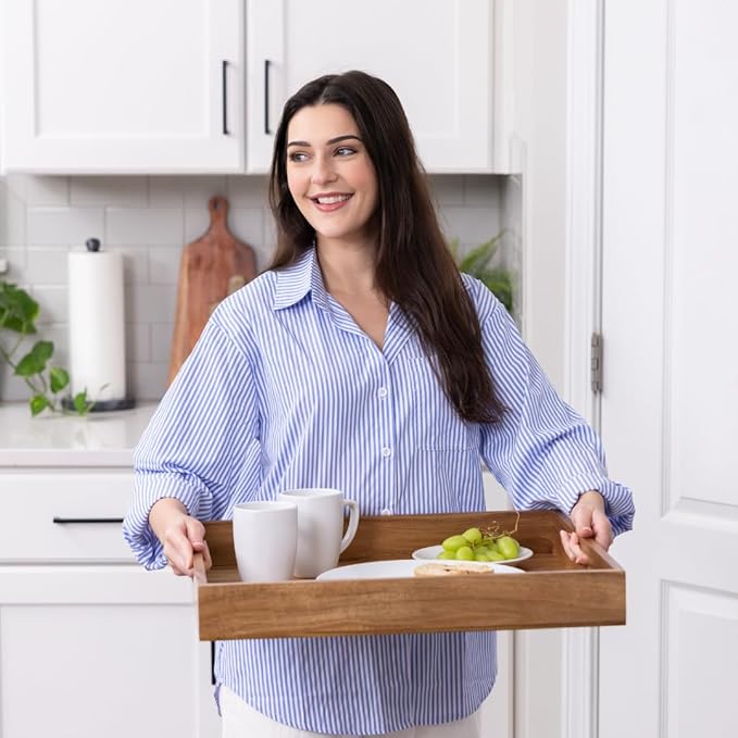 20 inch Large Square Ottoman Tray. Premium Acacia Wood Serving Tray for Living Room, Ottoman, Kitchen or as a Coffee Table Tray. Perfect Serving Tray for Breakfast in Bed, Appetizers or Parties
