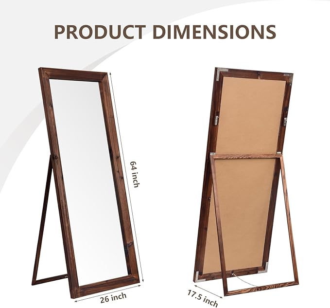Yumyolk Full Length Mirror with Stand 64"x26" Large Vintage Wood Wall Mounted Mirrors for Bedroom Brown