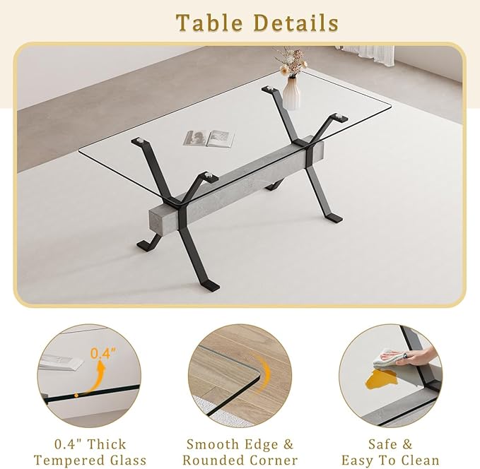 Glass Dining Table 71"｜Modern Dining Table for 6｜0.4" Thick Tempered Glass Top｜Matte Black Metal Legs｜Grey Crossbar｜Easy Assembly｜Perfect for Dining Room or Kitchen