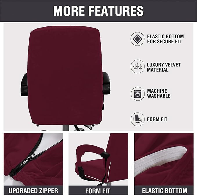 Velvet Plush Wide Large Office Chair Cover - Cat Proof Stretchable Protector for Ergonomic Office Desk Chair with Wheels and Armrests - Comfy Mesh Executive Chair for Home Office, Wine Red, XL