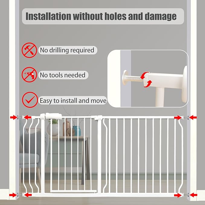 24-29 Inch Narrow Baby Gate, Pressure Mounted No Drilling Dog Gate for Stairs & Doorways, White Metal Safety Gate Indoor for Kids and Pets