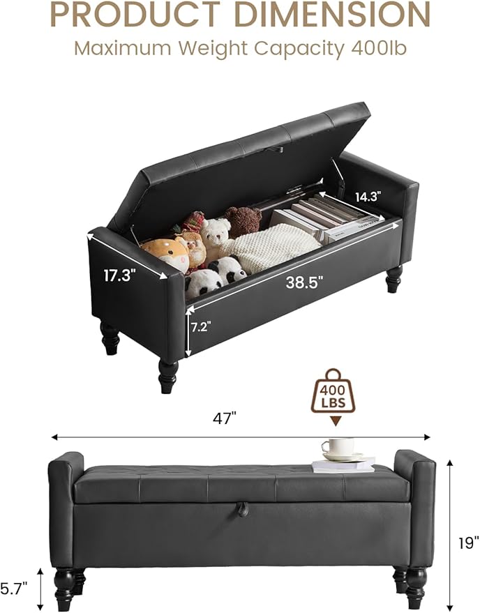 47" Storage Ottoman Bench, End of Bed Bench for Bedroom, Leather Upholstered Ottoman with Storage for Living Room, Entryway, Window (Black)