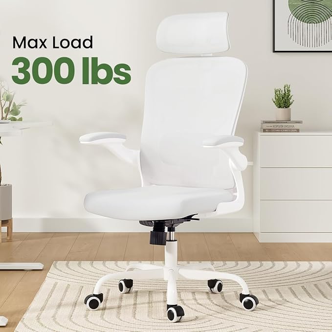 Soohow Office Chair, Ergonomic Office Mesh Desk Chair with Adjustable Back Support, High Back Comfy Computer Swivel Chair with Headrest, Lumbar Support for Study Room, Gaming and Office, White White