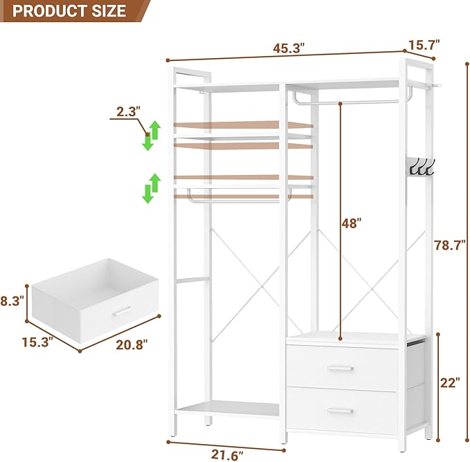 78.7'' Clothes Rack for Hanging Clothes - Reversible Clothing Rack with 2 Drawers, Heavy Duty Garment Racks with Shelves, 6 Tiers Freestanding Portable Closet Wardrobe System with Hanging Hooks, White