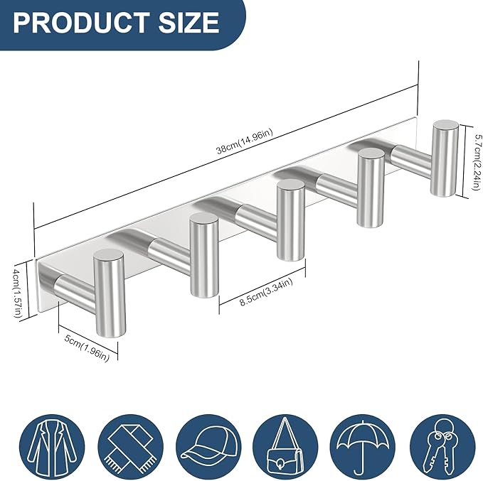 PMMASTO Coat Rack Wall Mounted, 5 "T Shaped Wall Hooks for Hanging, Heavy Duty Stainless Steel Coat Hook Rail for Hat Towel Robes in Bathroom Kitchen Mudroom Entryway (Silver, 1 Pack)