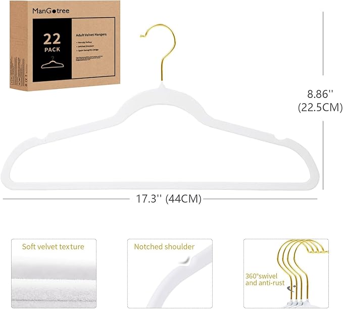 ManGotree Velvet Coat Hangers with 360° Swivel Gold Hook, Non-Slip Felt Suit Hangers, Slim Space Saving Clothes Hanger for Jacket, Sweater, Shirt, Dress, Pants (22 Pack, White)