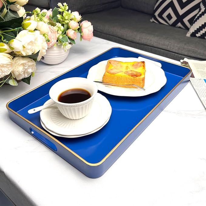 Navy Blue Serving Tray with Handles, Rectangular Decorative Tray for Coffee Table, Plastic Rectangular Tray for Ottoman, Living Room, Bathroom, Home Decor 15.7” x 10.2” x1.37”