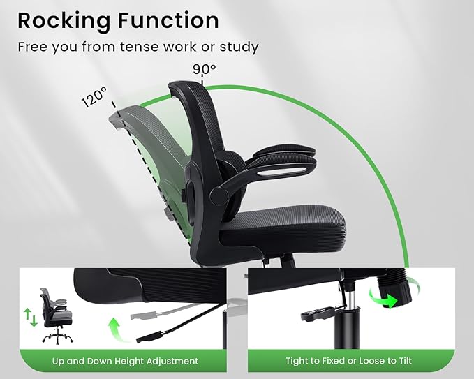 Ergonomic Office Chair, Comfy Desk Chair with Adjustable Lumbar Support, Mesh Computer Chair with Wheels, Flip-up Armrests, Swivel Rolling Executive Chair for Home Office, Gaming, Black