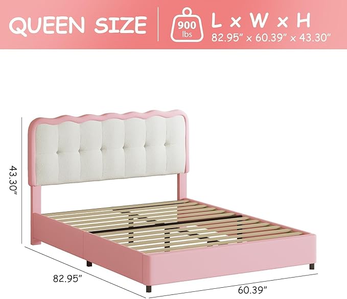 BarnFurin Queen Bed Frame with LED Lights, Queen Size Bed Frame with Headboard LED Lights, Upholstered Platform Bed with Cloud Headboard, No Box Spring Required, Easy Assembly, Pink