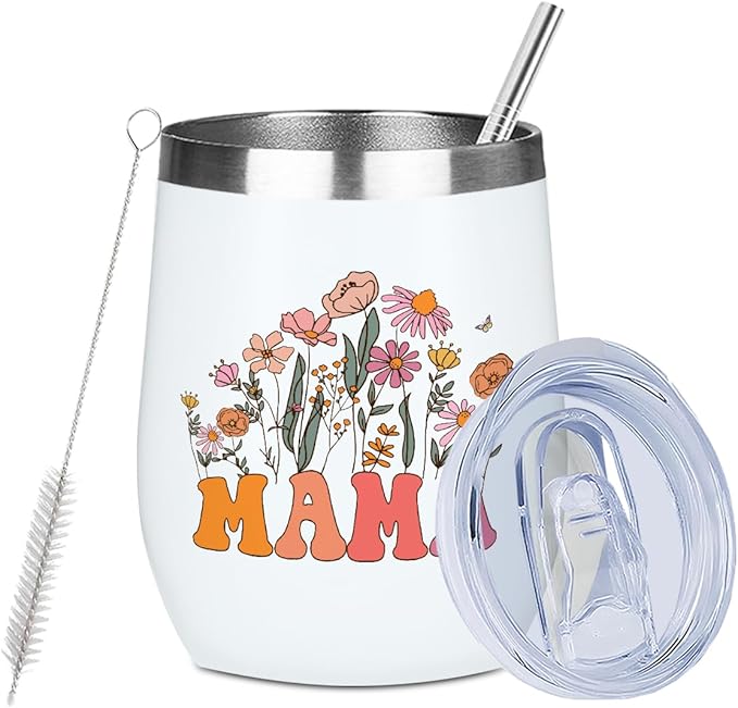 Mama Gifts Wine Tumbler 12 oz Insulated Wine Glass Cup with Lid Straw Vacuum Insulated Travel Cup,Mom Birthday Gifts from Daughter Husband, Gift for Women Mom Mommy Mother Christmas Halloween