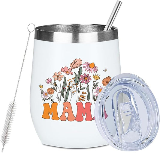 Mama Gifts Wine Tumbler 12 oz Insulated Wine Glass Cup with Lid Straw Vacuum Insulated Travel Cup,Mom Birthday Gifts from Daughter Husband, Gift for Women Mom Mommy Mother Christmas Halloween