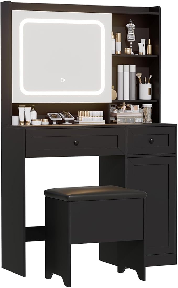 Vanity Table with Hidden Storage & LED Mirror - Includes Padded Stool, 5 Compartments, 2 Drawers & 1 Storage Cabinet - Ideal Bedroom Makeup Dressing Table Black