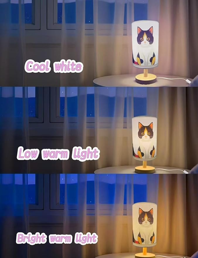 Cat Lamp, Cat Night Light,3 Color Night Light Wood Nightstand Desk Base Flaxen Fabric Shade for Bedroom Living Room, Cats Lovers Gifts, LED Bulb Included