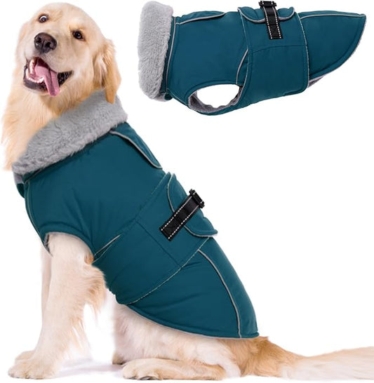 Lelepet Warm Dog Coat Reflective Fleece Vest Waterproof Dog Jacket with Adjustable Buckle Hook & Loop Windproof Cold Weather Coats for Small Medium Large Dogs, Dark Green, XL