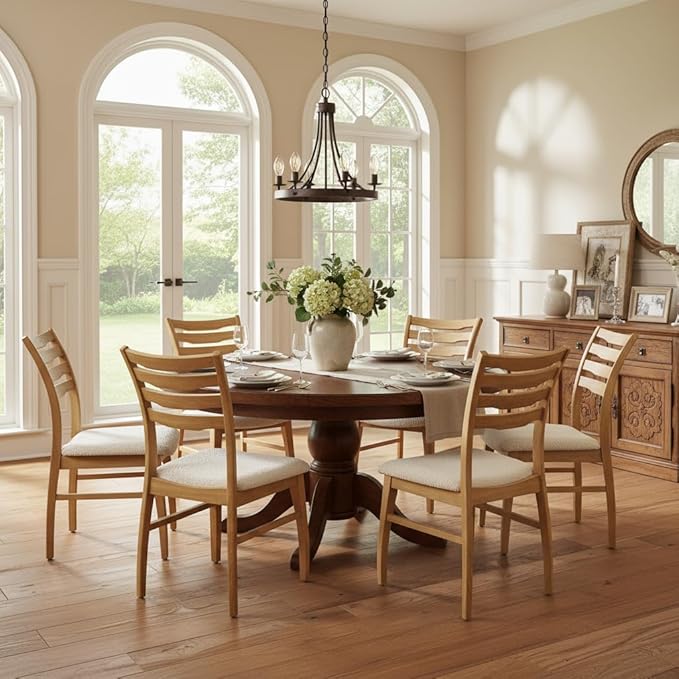 DUOMAY Farmhouse Dining Chairs Set of 6, Fur White Upholstered Side Chairs Solid Wood Ladder Back Kitchen Chairs for Home Dining Room, Light Browm Frame