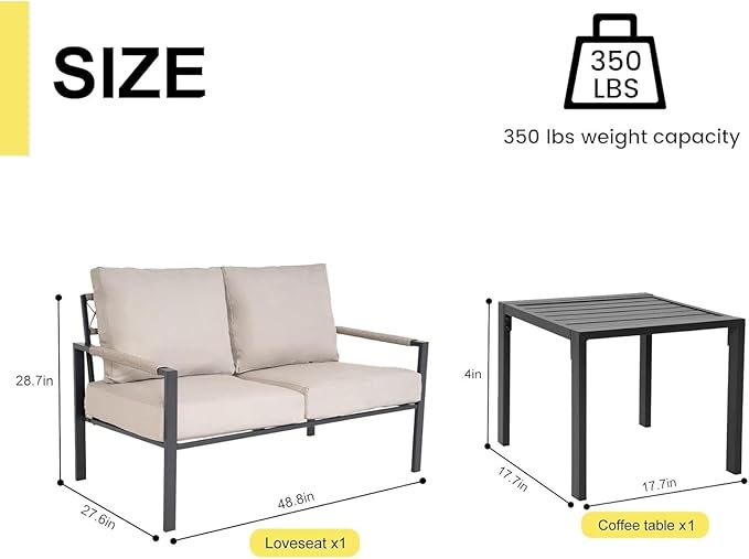 Sundale Outdoor 2 Pieces Metal Outdoor Furniture Set, Patio Loveseat with 6 Inch Cushions and Coffee Table, All- Weather Patio Sofa for Garden, Backyard, Porch or Balcony, Light Grey