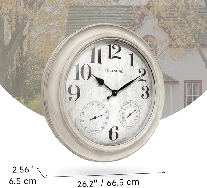 Presentime & Co. 26" Clifton in/Outdoor Farmhouse Clock with Thermometer & Hygrometer as All in One Weather Station, Farmhouse Wall Art and Timepiece for Home Decoration, Weathered White Finish