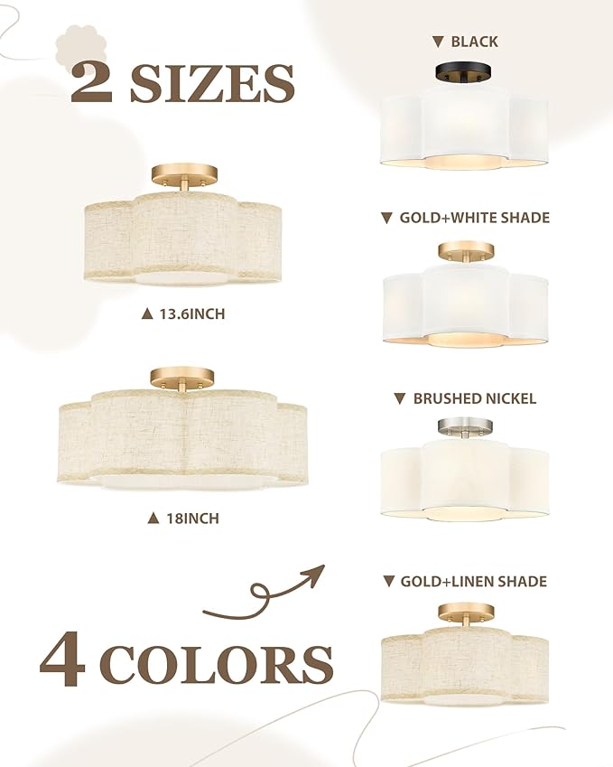 Gold Semi Flush Mount Ceiling Lights, 4-Light 14" Gold Light Fixtures Ceiling Mount with Fabric Shade in Quatrefoil Shape, Drum lighting fixture for Nursery Bedroom Kitchen, AD-22007-4SF-GD-B