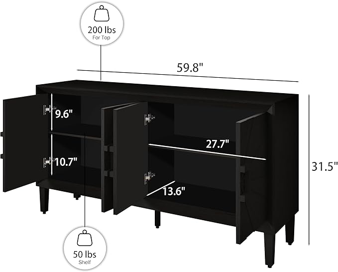 60'' Rustic Large Sideboard with 4 Doors and Adjustable Shelves, Heavy-Duty Antique Wood Entryway Console Table TV Stand for Living Room Dining Room (Black-10.2)