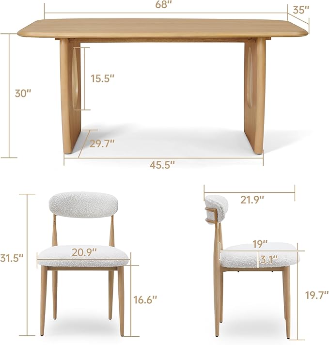 Morden Fort Modern Dining Table Set for 4, 68'' Rectangle Dining Table with 4 Chairs, Kitchen Table with Pedestal Base, Dinner Table for Dining Room, Kitchen, Living Room (Natural)