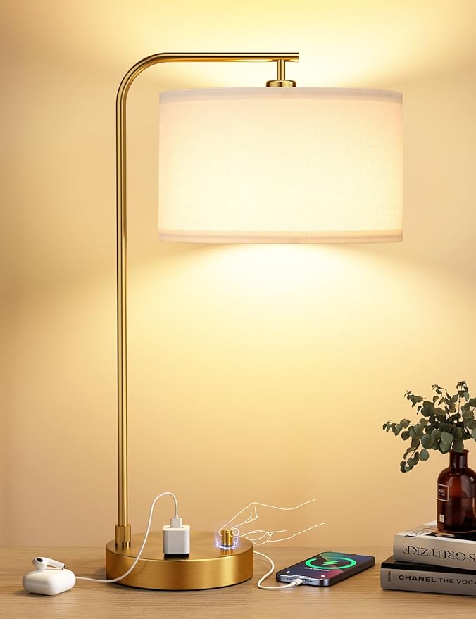 Innqoo Gold Table Lamp with USB Port and Outlet, Dimmable Nightstand Bedside Lamps with Linen Lampshade, Desk Lamp for Bedroom, Living Room, Guest Room, Home Office, LED Bulb Included