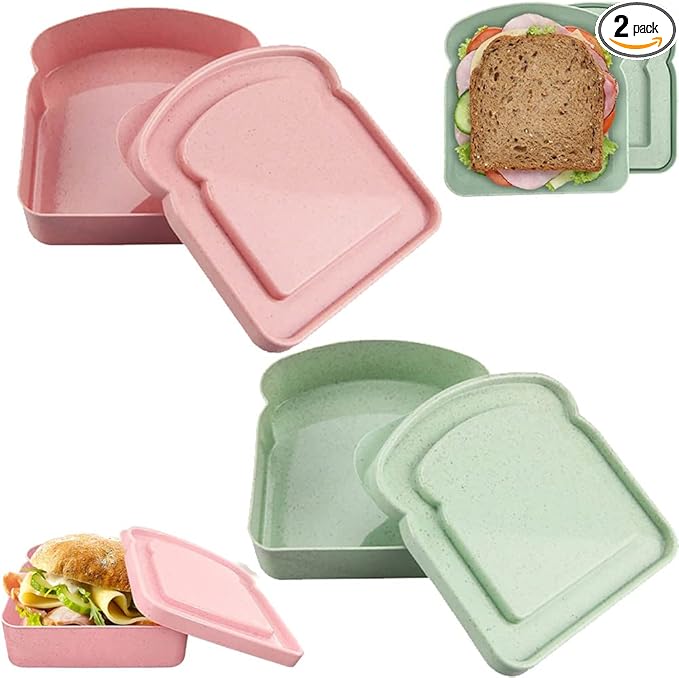 NADUSEP Sandwich Containers, 2 Pcs Sandwich Box Food Storage Toast Shape Holder Plastic for Lunch, Sandwich Keeper for Adults Prep Microwave (Pink Green)