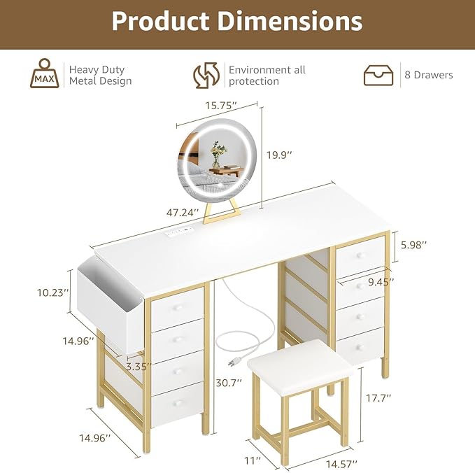 Large Vanity Desk with Mirror and Light- Makeup Vanity Set Table with Chair, Storage, Lighted Mirror, 8 Fabric Drawers & Power Outlet, Dressing Table Vanities for Girls Bedroom